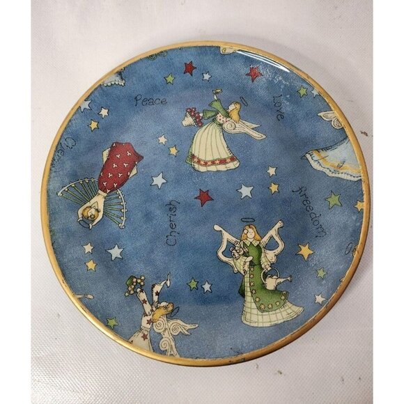 Vintage Unique Angel Peace Love Cherish Freedom Decorative Plate Round Gold Trim - Picture 1 of 7
